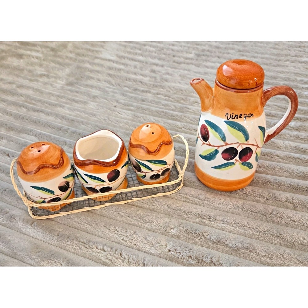 Ceramic Olive Pattern 4pc Vinegar Cruet Set w/ Shakers Condiment Jar Caddy